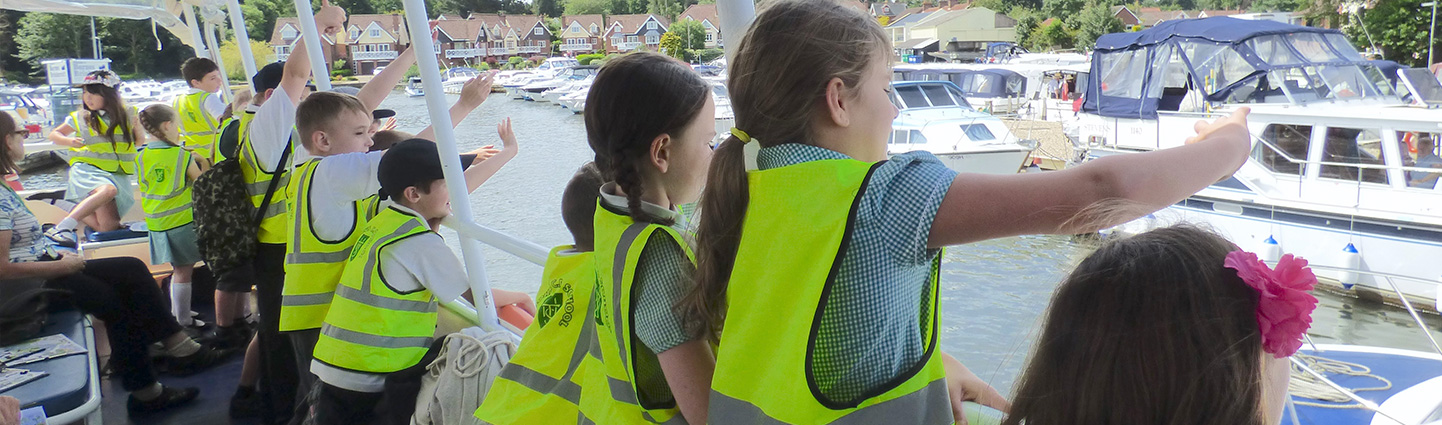 Children on a boat trip on the Norfolk Broads