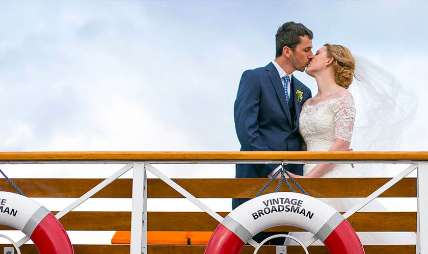 Private venue hire wedding picture aboard vintage broadsman